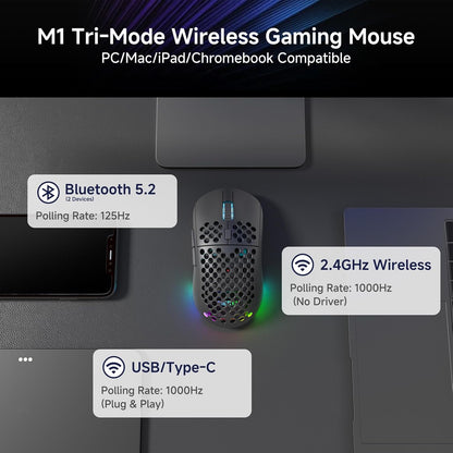 DIERYA M1 Wireless Gaming Mouse, 24000DPI, 180Hrs Battery, 16.8M RGB, 6 Programmable Buttons, Lightweight, Tri-Mode (2.4G/BT5.2/USB-C) for PC/Mac/Laptop - Black