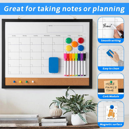Dry Erase Calendar Whiteboard, 17" x 13" Magnetic Whiteboard Cork Board Combo, Reusable Monthly Planner with 8 Markers, Eraser, Magnets and Pushpins, Hanging Dry Erase Board for Home, School - Black