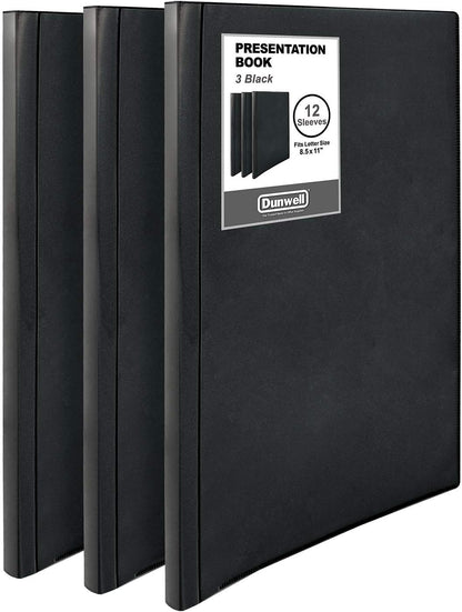 Dunwell Presentation Binder 12-Pocket, Displays 24 Pages, 8.5x11 Portfolio Binder with Plastic Sleeves, Storage and Organizer for Documents, Certificates, Projects, Photos (3 Pack, Black)