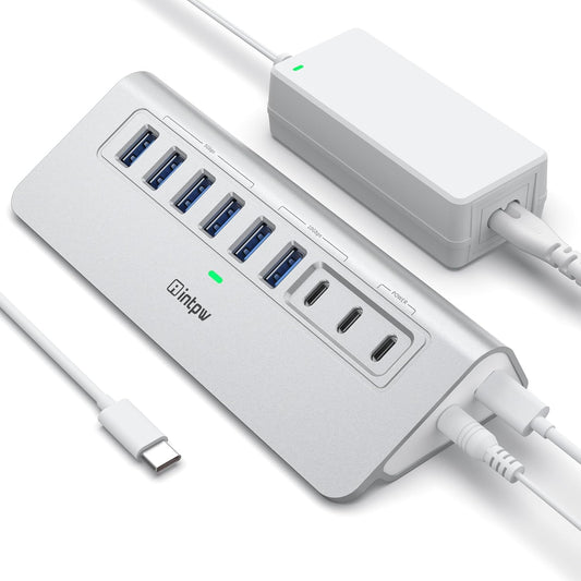 Powered USB Hub 10Gbps, intpw 9-Port USB 3.2 Hub, USB C Hub with USB A/USB C 3.2, 4 USB 3.0, 2 PD 45W Charging Ports, 65W Power Adapter and 3.3FT Cable, Aluminum USB Hub for Laptop, iPhone 16/15, PC