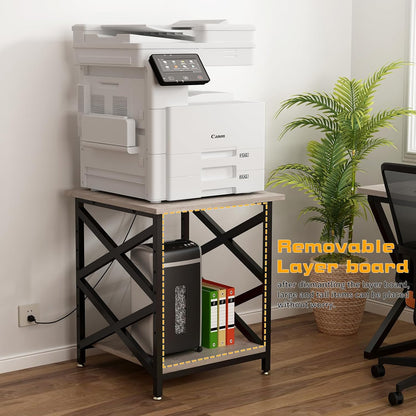 Large Printer Stand with Power Outlet, with Height Adjustable Storage Shelf, 3 Tier Rolling Printer Cart with Industrial Wheels, 23.6 x 23.6 Inches Printer Table for Home Office, Greige