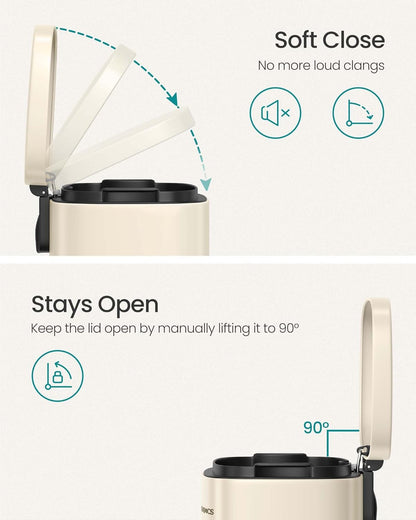 SONGMICS Trash Can with Lid, 8 Gallon Garbage Can, Stainless Steel Small Waste Bin with Step Pedal and Inner Bucket, Soft Close, Kitchen, Sand Beige ULTB003A01