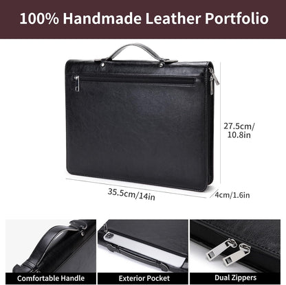 Vegan Leather Portfolio with Hidden Handle, Zippered Front Pocket, Business Padfolio for Men and Women, 8.5 x 11 Legal Pad Notebook Holder, Office Letter Notepad Folio, Black