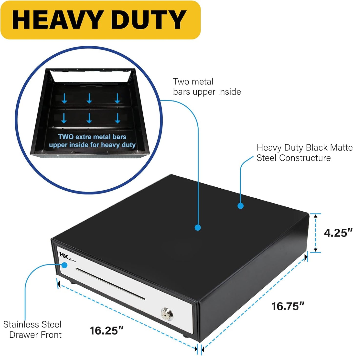 HK SYSTEMS 16inch "Stainless Steel" Front Heavy Duty Black POS Cash Drawer with 5Bill/5Coin