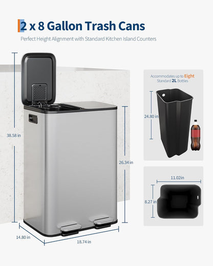 GarveeHome 2 x 8 Gallon Stainless Steel Double Trash Can with Lid for Kitchen, Large Dual Trash and Recycle Bin Combo, Step-on Kitchen Metal Garbage Cans, PP Inner Buckets, Liner Rim, Silver