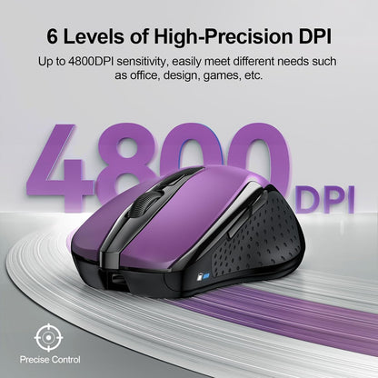 TECKNET Wireless Mouse (BT5.0/3.0 & 2.4G) Rechargeable 4800 DPI Silent USB A & Bluetooth Mouse 6 Buttons, Wide Compatibility - Purple