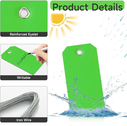 1000 Pieces Plastic Shipping Tags with Wire Labeling Tags Waterproof Hang Tags with Reinforcement Hole Writable Luggage tag Loops for Equipment Inventory Parts Garage (Green, 4 3/4" x 2 3/8")