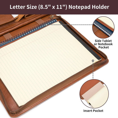 Genuine Leather Portfolio with Hidden Handle, Zippered Front Pocket, Business Padfolio for Men and Women, 8.5 x 11 Legal Pad Notebook Holder, Office Letter Notepad Folio, Oil Tanned