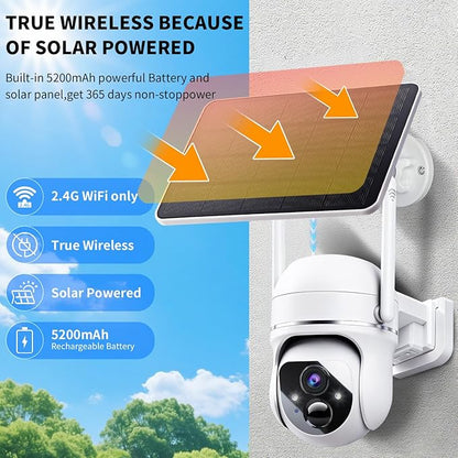 Solar Wireless Security Camera 3MP 360° View Solar Battery Powered WiFi Camera AI Motion Detection/2-Way Talk/Spotlight/Siren/IP65/Cloud/Up to 512G SD Storage( About 180 Days Storage SD Card Included)