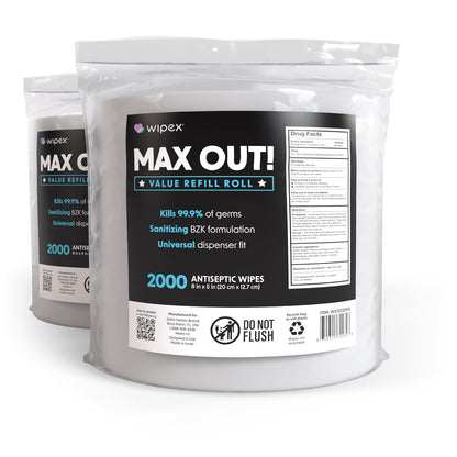 Wipex Max Out Sanitizing Wipes for Fitness Centers - 2000 Wipes Per Roll, Pack of 2, Economy Size Refill Rolls for Dispensers, 5"x8" - Ideal for High Volume Commercial Gyms, Schools & Studios