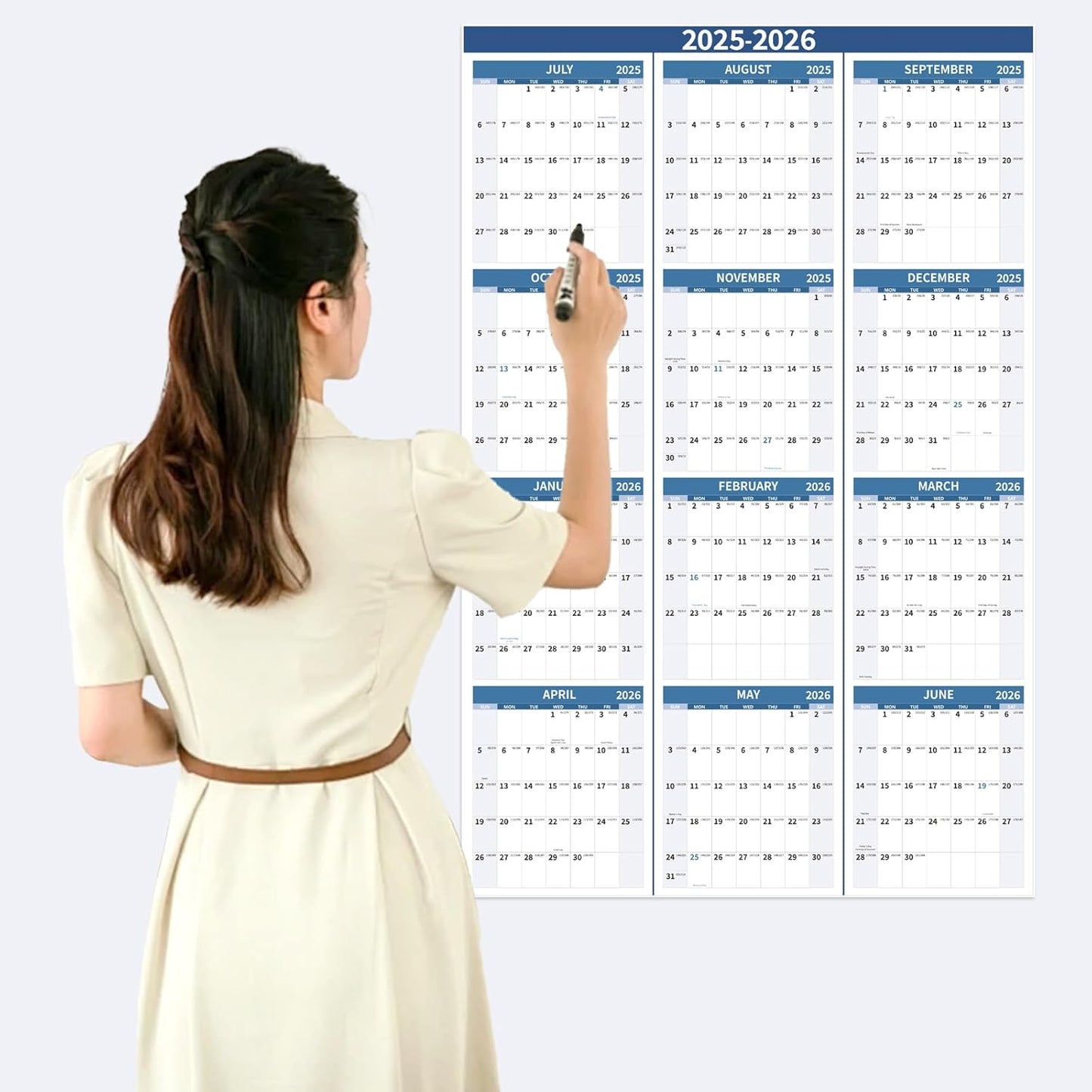 2025-2026 Wall Calendar 34.8" x 22.8" Large Vertical Yearly Wall Hanging Calenda with Julian Date from July 2025 to June 2026 Thick Paper Calendar 12 Month Annual Planner for Office Fridge(Blue)