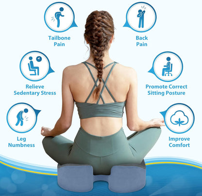 BlissTrends Seat Cushion,5.2in Thick Memory Foam Cushions for Office Chair, Car Seat, Airplane, Relieving Pressure Tailbone Sciatica Back Pain for Long Sitting Office Workers, Car Drivers Gery&Blue