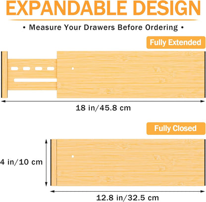 Bamboo Drawer Dividers 4" High, 12.8-18" Adjustable Drawer Organizers for Clothes,Expandable Dresser Separators in Bedroom/Kitchen/Bathroom/Office Organization and Storage,6 Pack