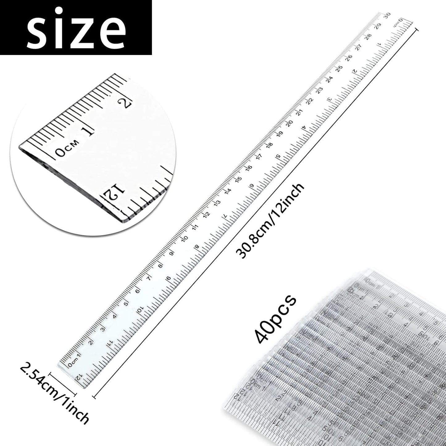 Koogel 40 PCS Plastic Straight Rulers, Plastic Measuring Tool, 12 Inch Shatterproof Clear Ruler Bulk for Classroom with Centimeters and Inches for Student, Kids, School, Office, Home