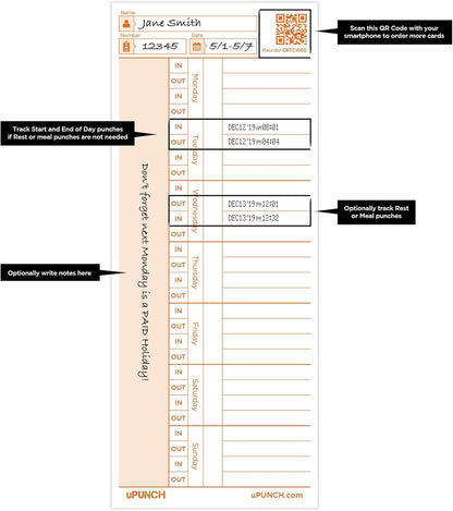 uPunch 100 Time Cards for CR1000 Digital Time Clock and Date Stamp