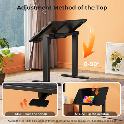 Glass Standing Desk，35inch Whole Piece Rolling Sit Stand Table with Wheels，90° Tiltable Mobile Rising Height Adjustable，Foldable Top Suit for Small Laptop，Black