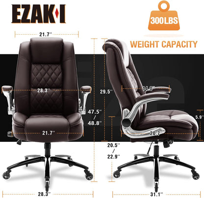 EZAKI High Back Office Chair-Flip-up Arms Executive Computer Desk Chair, Built-in Lumbar Support Thick Padded Adjustable Rock Tension Ergonomic Design for Back Pain (Brown)