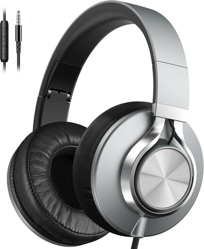 AILIHEN C90 Wired Headphones with Microphone Volume Control, Noise Reduction Over Ear Headphones Wired 3.5mm, Super Soft Corded Headphone for Cellphones, Tablet and Chromebook (Grey)
