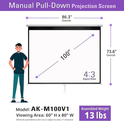 Akia Screens 100 inch Projector Screen Pull Down Manual B 4:3 or 92" 16:9, 95" 16:10 8K 4K HD 3D Ceiling Wall Mount White Portable Projection Screen for Indoor Movie Home Theater Office AK-M100V1