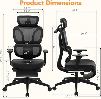 FLEXISPOT ErgoX-S Big and Tall Mesh Office Chair, Computer Desk Chair Adjustable Swivel with Footrest Lumbar Support Headrest and 360°Rotation for Home Office, Black Foam