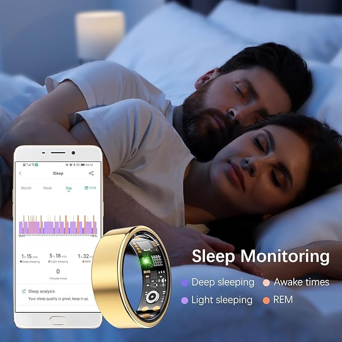 Health Tracker Ring, Smart Health Ring for Women Men with Heart Rate, Blood Oxygen, Sleep Monitor, Steps,Calories, No Subscription Fee, IP68 Waterproof Smart Ring for iPhone & Android (Gold, 9#)
