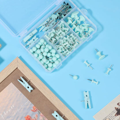 BESARME 200 Pieces Push Pins Set, 5 Types Green Thumb Tacks Cute Decorative Push Pins for Wall Cork Board Bulletin Boards with Storage Box