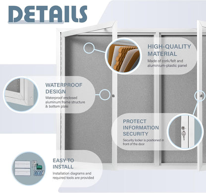 Outdoor Bulletin Board Weatherproof 72x36 in,Enclosed Bulletin Board with Locking Door, Wall Display Case for Office School Home Commercial, Silver Aluminum Frame, Gery Felt