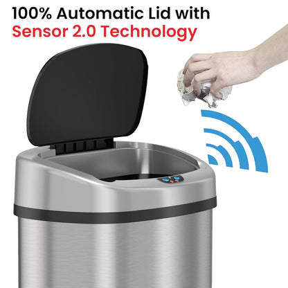 iTouchless 13 Gallon Stainless Steel Kitchen Trash Can with Sensor 2.0 Tech Touchless Lid and AbsorbX Odor Filter, Oval Slim Space-Saving Automatic Garbage Bin for Home, Office, Business, Restroom