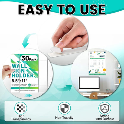 Aheroi 30Pcs Acrylic Sign Holder 8.5 x 11, Clear Wall Sign Holder 8.5 x 11 Wall Mount with 60 Tape, No Drilling Acrylic Wall Frame Paper Holder Document Holder for Office Home Restaurant