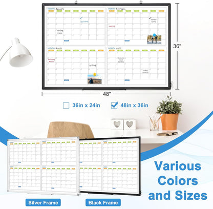 Dry Erase Calendar for Wall 4 Month, WALGLASS 48" x 36" Large Double-Sided White Board Calendar, Dry Erase Monthly Planner, Black Aluminum Frame Hanging Wall Mounted Whiteboard for Office Home School