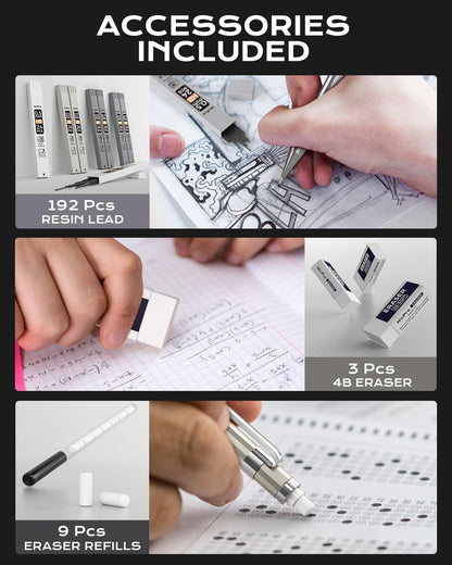 Nicpro 8 Pack 0.5mm & 0.7mm Metal Mechanical Pencil Set, MB1000 Lead Drafting Pencil for Artist Writing, Sketching, Drawing with 8 Tubes HB Lead Refills, 3PCS 4B Eraser, 9PCS Cap Eraser - With Case