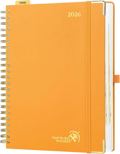 POPRUN 2026 Daily Planner One Page A Day - [A4 Large Size 8.5" x 12" -Spiral Hard Cover], Agenda 2026 Hourly Appointment Book with Monthly Calendar, Pen Holder, Ivory Paper - Orange