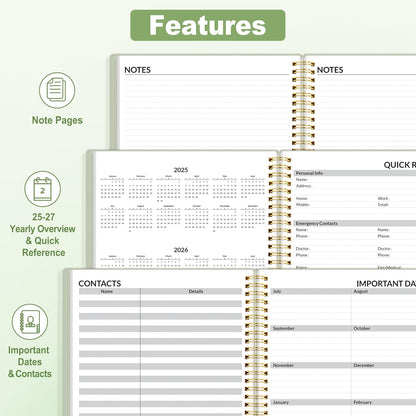 SUNEE 2025-2026 Appointment Book, Quarter-Hourly, Weekly & Monthly - from July 2025 to June 2026, 8.5"x11" Academic Planner, Flexible Cover, Note Pages, Pockets, Bookmark, Spiral Binding, Sage Green