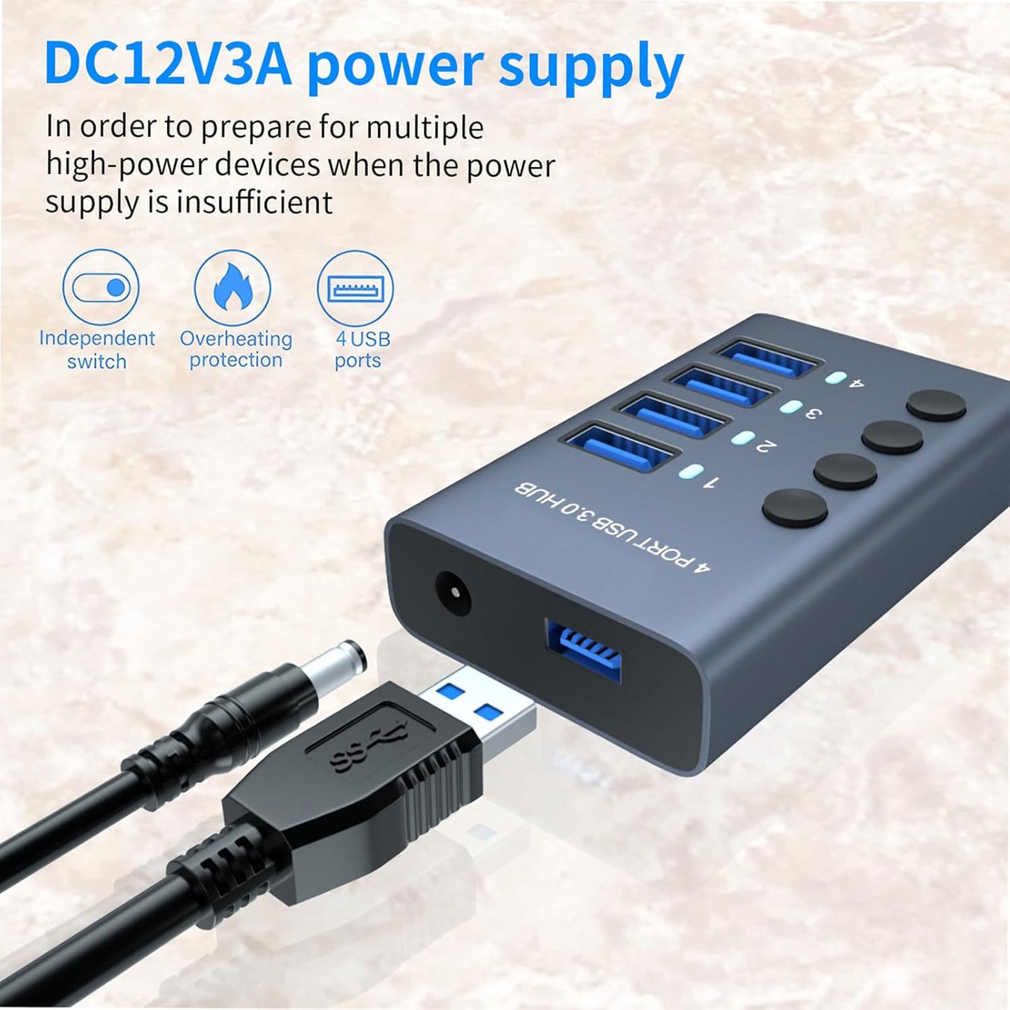 MaxLax 4 Port Aluminum USB 3.0 hub with 4 Port USB Data Transfer,36W (12V/3A) Power Adapter USB Splitter Independent Switch