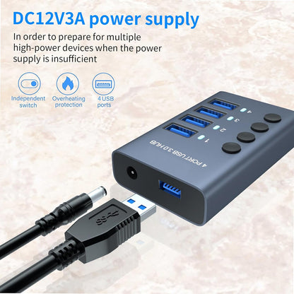 MaxLax 4 Port Aluminum USB 3.0 hub with 4 Port USB Data Transfer,36W (12V/3A) Power Adapter USB Splitter Independent Switch