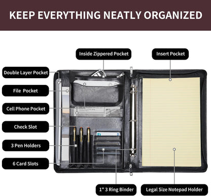 Vegan Leather 3 Ring Binder Portfolio, 8.5 x 14 Legal Size Pad Holder, Hidden Handle, Zippered Padfolio with 15” Laptop Organizer, Professional Business Folio for Men Women, Black