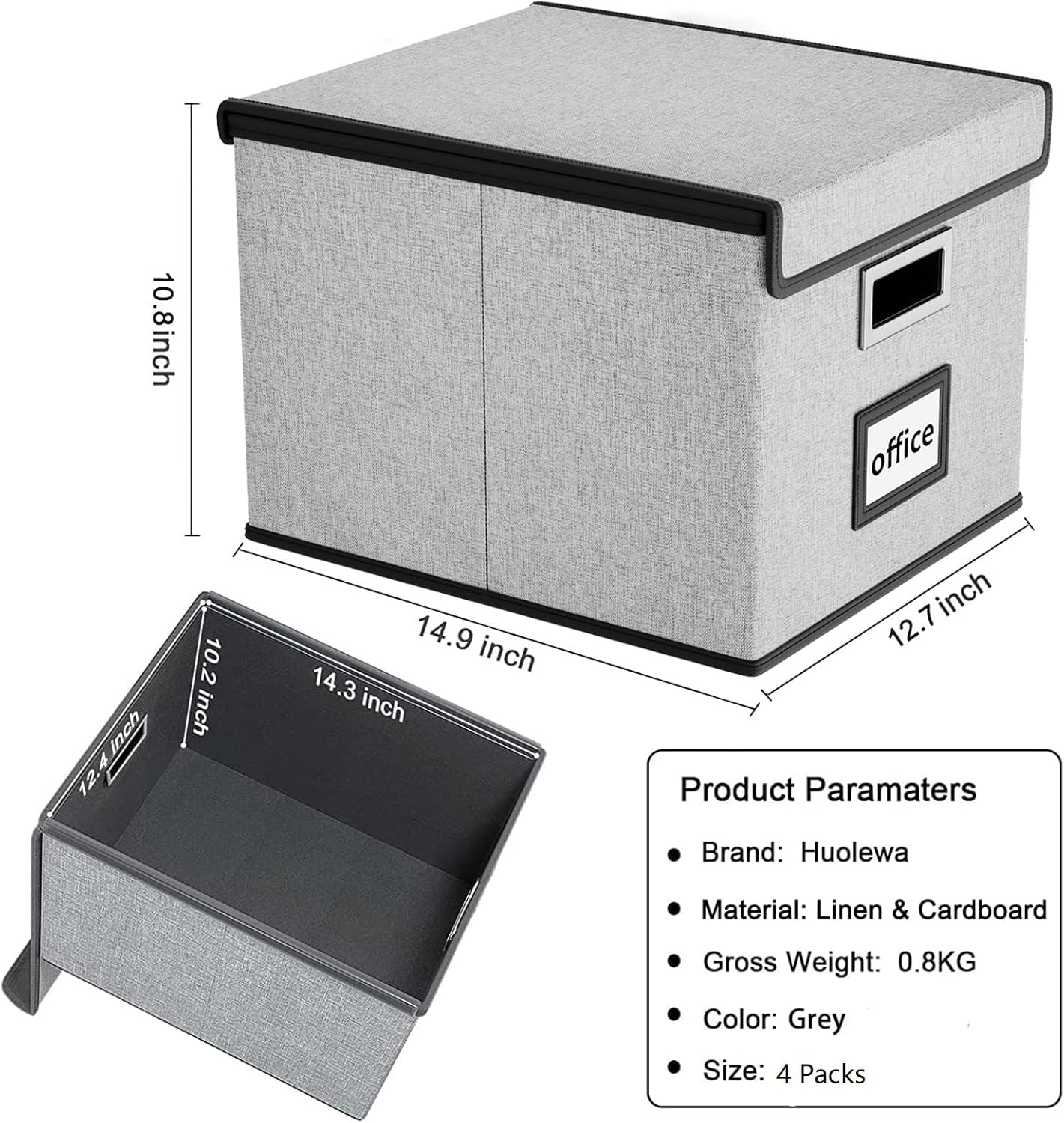 Huolewa Portable File Organizer Boxes Set of 4, Large Linen Hanging Office Document Storage Boxes with Lids, Collapsible Filing & Storage Boxes for Office/Decor/Home - 14.9 x 12.7 x 10.8 inch