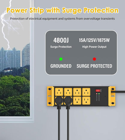 HHSOET 2 Pack Heavy Duty Power Strip 8 Outlets, Metal Wall Mount Outlet Strip 4800J Surge Protector, Garage Shop Under Desk Mountable 6FT Extension Cord Plug, ETL Listed