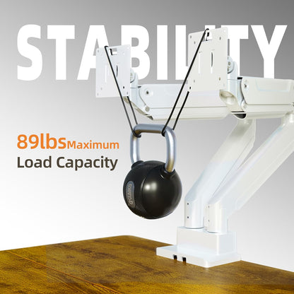 Claiks Dual Monitor Mount for Max 35 inch Screens Stand up to Max 89 lbs, Ergonomic Gas Spring Heavy-Duty Adjustable Monitor Arm, with Clamp and Grommet Base, VESA Mounting Holes 75&100mm, White