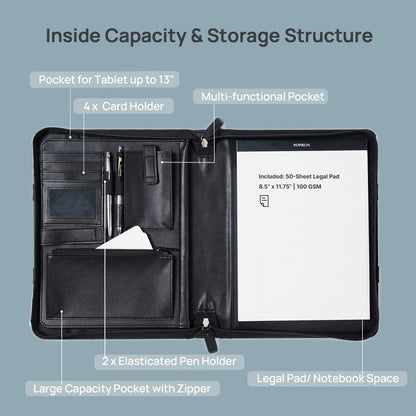 POPRUN Portfolio Binder with Zipper, Leather Padfolio Document Organizer with Storage, Professional Business Briefcase ideal for Meeting Presentation Work-Includes 50 Sheet Writing Pad, Black