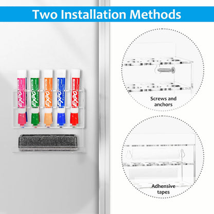 Dry Erase Marker Holder, 2 PCS Wall Mounted Acrylic Marker Holder with 10 Slots, Sticky Pen Storage for Classroom Organization, Whiteboard, Office, Clear