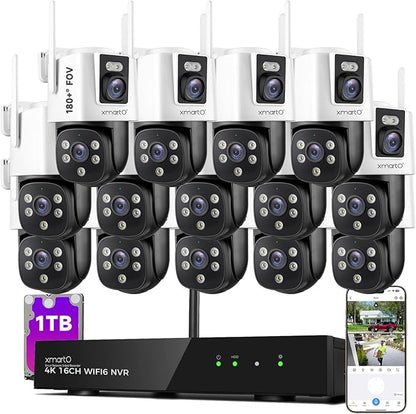 [2-in-1 CAM*14] XMARTO 28-View WiFi 6 Mesh Security Camera System Outdoor Wireless, 14x Dual-Lens CAM, 16CH 4K Long Range WiFi6 Surveillance NVR Kit, 4MP PTZ Home CCTV Set w. 1TB HDD, No Monthly Fee