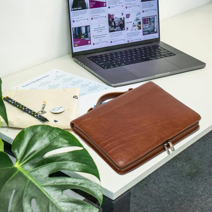 Genuine Leather Portfolio with Hidden Handle, Front Pocket, Business Padfolio Tablet/13” Laptop Organizer, Folio Document Cell Phone Holder, Professional Executive Folder, Brown, Oil Tanned