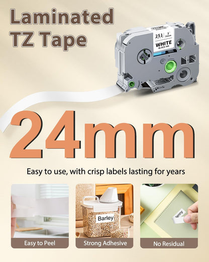 Replace for Brother TZe-251 24mm 0.94 Laminated White TZ Tape TZe251 PTouch Tape 1 Inch Work with Brother P Touch D600 E500 P700 P710BT P750W P910BT D410 PTD460BT D610BT Label Maker, 6-Pack