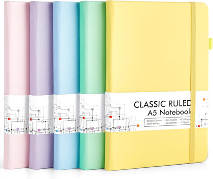 feela 5 Pack Notebooks Journals Bulk, Hardcover Classic Ruled Lined Journals with Pen Holder for Women Girls School Business Supplies, with 5 Black Pens, 120 GSM, 5.1”x8.3”, A5, Pastel Colors