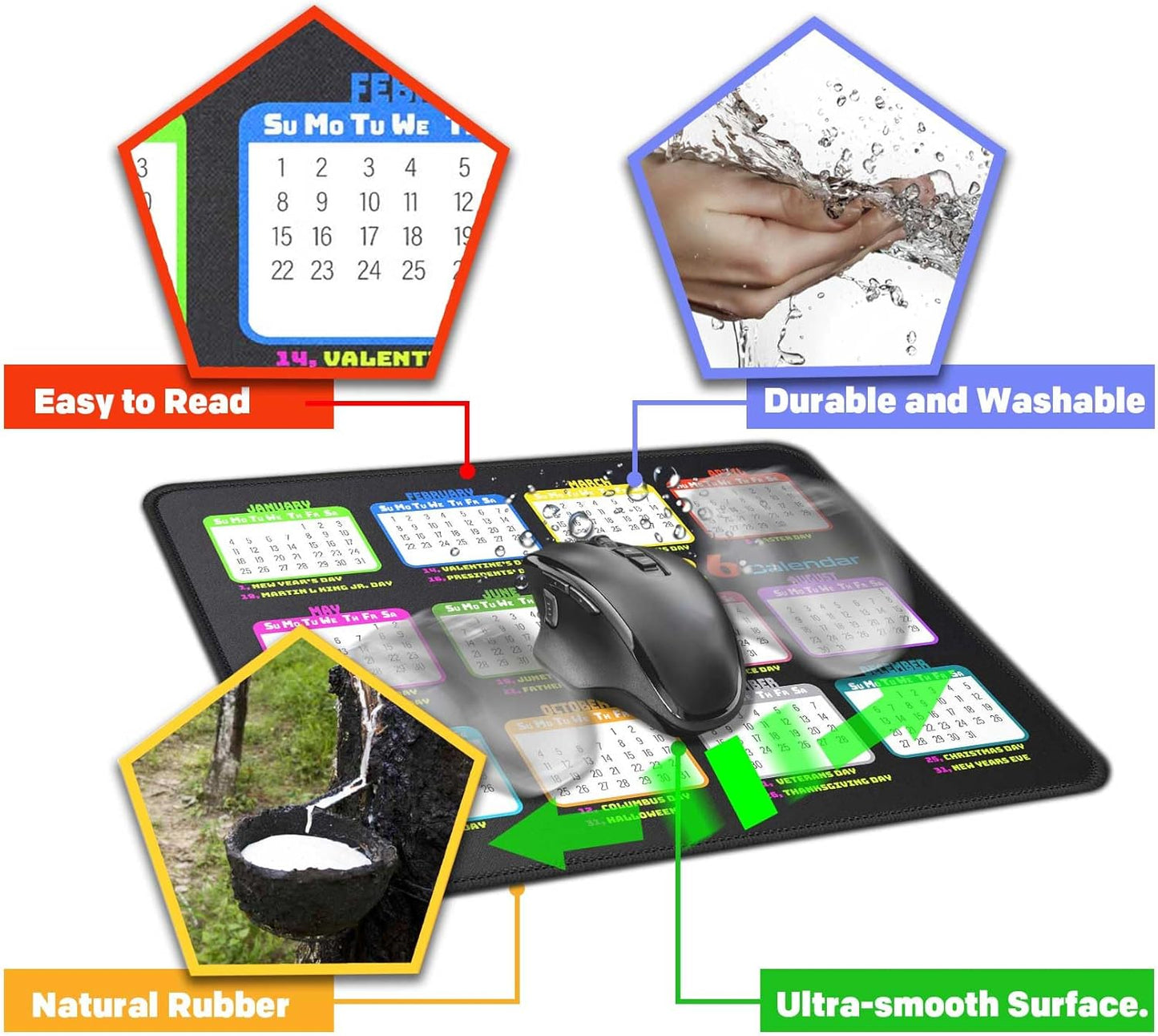 Calendar Mouse Pad 9.5 X 7.8 in, Mouse Pads with Stitched Edges and Non-Slip Rubber Base, Home Office Desk Decor Accessories for Computer Laptop Work Gaming (White 2026 with Holidays)