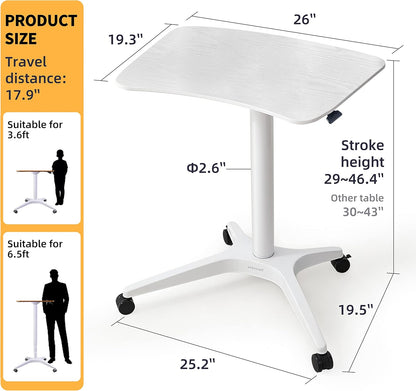 47" Mobile Standing Desk(26" W*19.3" D), Adjustable Height Laptop Desk, Pneumatic Desk with Gas Spring Riser, Podium for Home, Office，Classroom，Medical, (29" to 46.9" H) (White)