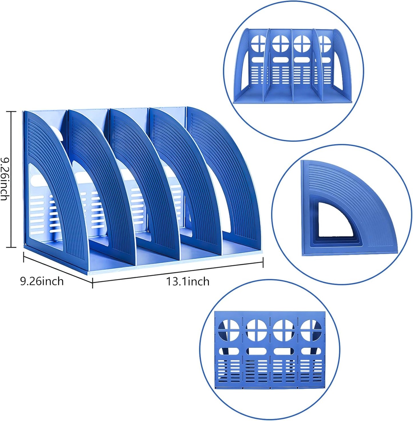 SAYEEC File Holder Storage Folder 4 Compartment Standing Desktop Hollow Organizer Blue Files Shelf Frame Thicken Plastic Paper Notebook Magazine Bookstore for Office School Supplier Students