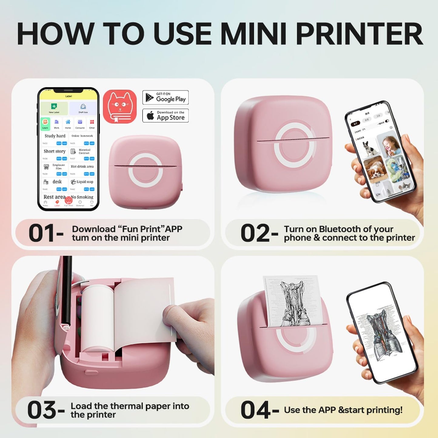 Mini Printer Sticker Thermal Printer with 3 Rolls Paper, Bluetooth Portable Phone Print Pods,Study Sticker Maker for Pictures, Photos, Journals, DIY, Compatible with Phone & Tablet
