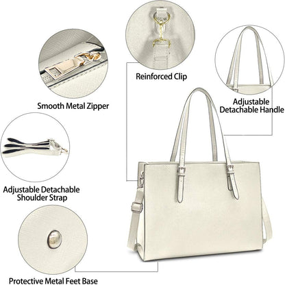 Laptop Bag for Women Waterproof Lightweight Leather 15.6 Inch Computer Tote Bag Business Office Briefcase Large Capacity Handbag Shoulder Bag Professional Office Work Bag Beige